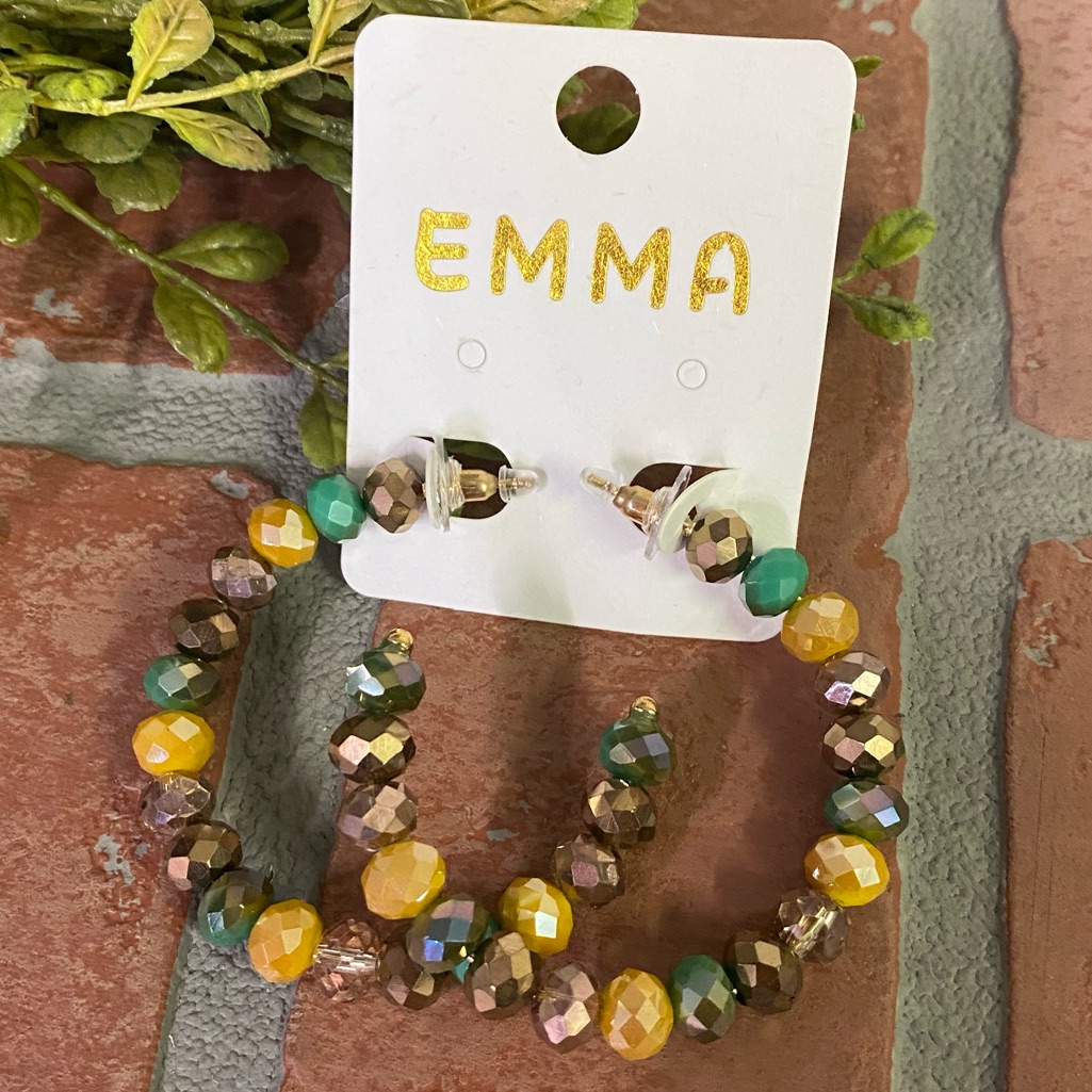 Emma Fashion Sparkly Turquoise & Gold Colored Beaded 2” Hoop Earrings Po
